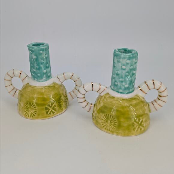 Artisan Stoneware Taper Candle Holders Dual Handles Whimsical Teal Lime Gold Set - Picture 6 of 12